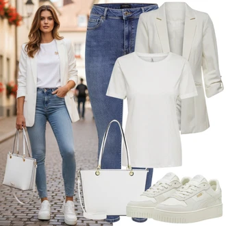 Outfit s Bílá/Krémová Kožená Pánská Bund/Cargo Sako/Boyfriend Sako/Blůzové Sako/Kožená bunda pro muže/Krátké Sako/Pletený Sako/Bavlněný Sako/Teplákový blejzr/Blejzrové Bund Persona by Marina Rinaldi "Módní volnočasový outfit"