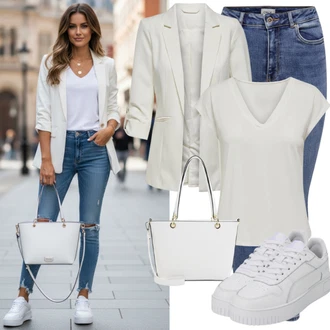 Outfit s Bílá/Krémová Kožená Pánská Bund/Cargo Sako/Boyfriend Sako/Blůzové Sako/Kožená bunda pro muže/Krátké Sako/Pletený Sako/Bavlněný Sako/Teplákový blejzr/Blejzrové Bund Persona by Marina Rinaldi "Skvělý jarní vzhled"