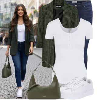 s tlačítkem Outfit s Bílá/Krémová/Šedá Tričko/Jednoduchý top/Mužské běžecké boty/Neformální tričko/Pletené tričko/Tričko s krátkým rukávem/Košilový top/Fancy tričko/Funkční tričko Pieces "Skvělý pro volný čas"