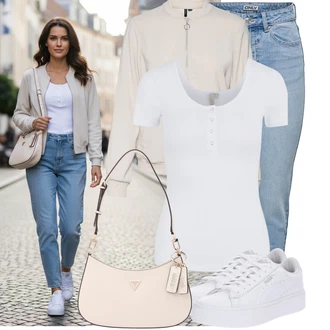 s tlačítkem Outfit s Bílá/Krémová/Šedá Tričko/Jednoduchý top/Mužské běžecké boty/Neformální tričko/Pletené tričko/Tričko s krátkým rukávem/Košilový top/Fancy tričko/Funkční tričko Pieces "Skvělý vzhled pro volný čas"