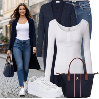 s tlačítkem Outfit s Bílá/Šedá/Krémová/Fialová Jednoduchý top/Pletený top/Pletené tričko/Košile s dlouhým rukávem/Dlouhá košile/Košilový top/Dlouhý top Pieces "Pouliční styl oblečení"