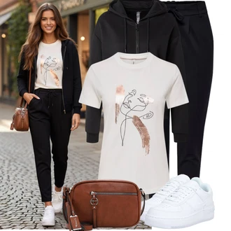 Outfit s Tmavě modrá/Černá Tréninková Kalhoty/Látková Kalhoty/Mušelínové kalhoty/Boyfriend Kalhoty/Žerzejová Kalhoty/Jogger Kalhoty/Ležérní Kalhoty/Mrkvová Kalhoty/Sportovní kalhoty Only "Stylové kombinace pro volný čas"