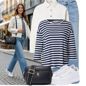 Estetika, Styl Outfit s Světle modrá Džín s Širokou Nohavicí/Dámské Džíny s Délkou 7/8/Zkrácené Džíny/Vintage džíny/Džíny Volného Střihu/Dad Džíny/Pánské tričko/Džíny s Rozparkem/Zvonové Džíny/Džíny Culottes Only "Stylové kombinace pro volný čas"Look: Styl, 90tá léta, Bad Taste, Klasické, Cool, Old Money, 70tá léta