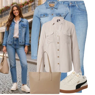 Motorka Outfit s Světle modrá/Modrá Krátké Džínové Bundičky/Vintage Bund Only "Stylové kombinace pro volný čas"Look: Motorka, Pracovní, Jízda na koni