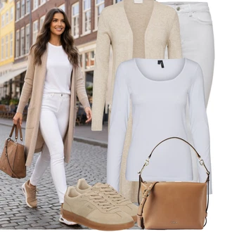 Outfit s Růžová/Šedá/Bílá/Fialová/Krémová/Stříbrný Dlouhý top/Jednoduchý top/Mužské běžecké boty/Dlouhá košile VERO MODA "Stylové kombinace pro volný čas"