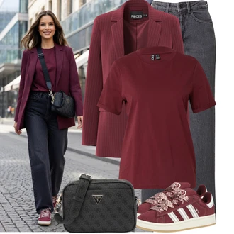 Outfit s Tmavě červená/Červená/Vínová Tričko/Mužské běžecké boty/Funkční tričko/Tričko s krátkým rukávem/Sportovní tričko Tréninkové tričko Pieces "Stylový vzhled pro volný čas"