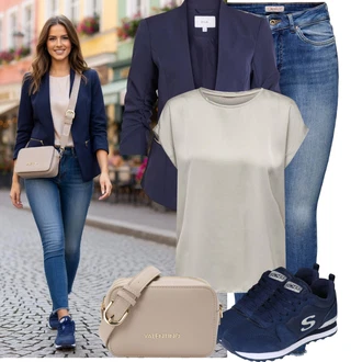 Outfit s Modrá/Tmavě modrá/Světle modrá Teniska teddy/Letní tenisky/Teniska se zapínáním na suchý zip/Úzká teniska/Nízká Teniska/Vintage teniska Skechers "Stylový vzhled pro volný čas"