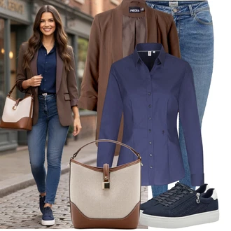 Outfit s Modrá/Tmavě modrá/Světle modrá Nízká Teniska/Teniska s dírkovaným vzorem/Letní Tenisky/Teniska na platformě/Úzká Teniska/Tenisky s Bočním Zipem/Kožené Tenisky Tamaris "Stylový vzhled pro volný čas"