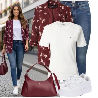 Outfit s Bílá/Růžová/Červená/Khaki/Krémová Tričko/Roláková Košile/Mužské běžecké boty/Neformální tričko/Fancy tričko/Funkční tričko/Pletené tričko/Tričko s krátkým rukávem/Sportovní tričko Tommy Hilfiger "Stylový vzhled pro volný čas"