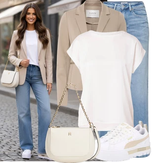 Výstřih do V Outfit s Bílá/Krémová Pletené tričko/Tričko s vodopádovým výstřihem/Krátký top/Síťované tričko/Sportovní tričko/Zavinovací Tričko/Košilový top/Tričko s krátkým rukávem/Tričko/Jednoduchý top/Funkční tričko Vila "Volnočasový outfit na jaro"