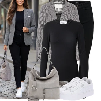 Outfit s Černá/Bílá Kožená bunda/Kožené Boty/Zimní bunda/Slim Fit Džíny/Džíny s Nízkým Sedem/Push up Džín/Motorkářské Džíny/Termální Džíny Only "Volnočasový outfit na jaro"
