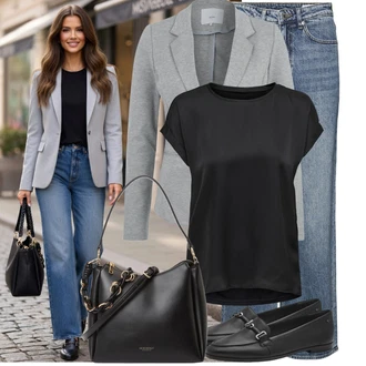 Outfit s Černá/Šedá/Tmavě šedá Halenka Móda Pro Plnoštíhlou/Tričko & Top Móda Pro Plnoštíhlé/Halenka a Tunika Tunika Only "Volnočasový outfit na jaro"