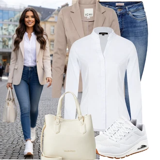 Outfit s Bílá/Fialová/Šedá Žehlení odolná blůza/Halenka Slim Fit/Blůza s knoflíčkem/Halenka se Stojatým Límcem/Businessová Halenka More & More, Krémová/Modrá/Bílá Tréninková bota/Gymnastická bota/Tenisová bota/Běžecká bota/Bota na fitness Skechers "Cool každodenní outfit"