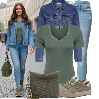 Od 50 let Outfit s Světle modrá/Modrá Džíny Kožená bunda/Džíny s Nízkým Sedem/Kotníková Bota/Džín s Nízkým Pasem/Džíny s Dírou/Džíny s Rozparkem/Push up Džín Only "Cool každodenní outfit"
