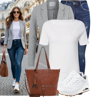 Outfit s Šedá/Bílá/Krémová Tričko/Jednoduchý top/Mužské běžecké boty/Fancy tričko/Funkční tričko/Pletené tričko/Dlouhá košile/Tričko s krátkým rukávem/Roláková Košile VERO MODA, Krémová/Modrá/Bílá Tréninková bota/Gymnastická bota/Tenisová bota/Běžecká bota/Bota na fitness Skechers "Cool každodenní outfit"