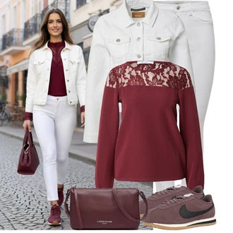 Elegantní Outfit s Červená/Tmavě červená/Vínová/Fialová/Růžová Neobvyklá Halenka/Elegantní Halenka/Halenka se Stojatým Límcem/Slavnostní Halenka/Vyšívaná blůza/Halenka s Dlouhým Rukávem/Krajková Halenka/Halenkový Top/Dětská hračka About You "Cool každodenní outfit"Look: Styl, Elegantní