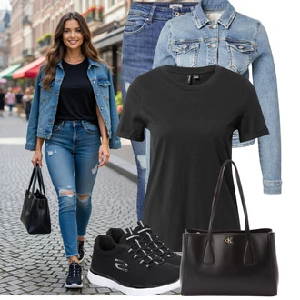 Outfit s Černá/Tmavě zelená/Tmavě šedá/Šedá Tričko/Mužské běžecké boty/Neformální tričko/Funkční tričko/Tréninkové tričko VERO MODA, Černá/Bílá/Tmavě modrá Lodička s Přezkou/Bota Bez Tkaničky/Úzká teniska/Lékařská Bota/Semiortopedická bota/Ortopedická Bota/Zdravotní bota/Tenisky s Bočním Zipem/Bota Na Pěší Turistiku/Diabetická Bota Skechers "Cool každodenní outfit"