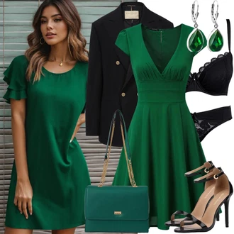 Elegantní, Ležérní Outfit s Tmavě modrá/Modrá Tunikové Tričko/Džínové Šaty/Košilové šaty/Šaty S Kosticí/Tunikové šaty/Elegantní Tunika/Neobvyklá Tunika/Halenka se Stojatým Límcem/Dlouhá Halenka/Halenkové Šaty/Tunika ve tvaru A/Klasická tunika/Středověká tunika/Bavlněné Šaty/Manšestrové Šaty, Černá Sandál Na Podpatku/Sandál Na Širokém Podpatku/Bota Na Podpatku/Šněrovací Lodička/Sandál s podpatkem/Sandály na hřídeli/Lodička S Páskem/Páskový Sandál celena, Zelená Visací sohi "Elegantní letní outfit"Look: Ethno, Francouzské, Italský, Námořní, Mom, Příliš oblečený, Nadrozměrné, Elegantní, Cool, Krásný, Old Money, Sexy, Styl, Extravagantní, Slavnostní, S průsvitem, Retro, 80tá léta