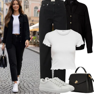 Outfit s Černá Manšestrová Halenka/Blůza s knoflíčkem/Lněná Halenka/Halenka s Dlouhým Rukávem/Blůza s nášivkou na lokti VERO MODA, Černá/Béžová Tesařská kalhoty/Manšestrové Lacláč/Rovná Kalhoty/Twillová Kalhoty/Boyfriend Kalhoty/Zimní Kalhoty/Kalhoty se Štěrbinou/Kalhoty s Vysokým Pasem MUD JEANS, Šedá/Krémová/Fialová/Stříbrný/Růžová/Bílá Jednoduchý top/Zkrácený Top/Krátký Top/Pletené tričko/Síťované tričko/Tričko s krátkým rukávem/Krátký top/Mužské běžecké boty Only "Jarní Outfit"