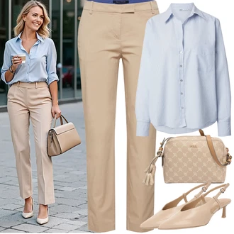 Elegantní, Ležérní Outfit s Béžová/Hnědá/Khaki Kalhoty se Štěrbinou/Obleková Kalhoty/Rovná Kalhoty/Twillová Kalhoty/Úzká Kalhoty/Bengaline Kalhoty/Paperbag Kalhoty/Skinny Kalhoty/Ležérní Kalhoty/Boyfriend Kalhoty Marc O'Polo "Jarní Outfit"Look: Emo, Ležérní, Cool, Mom, Krásný, Kancelář, Safari, Chytrý příležitostný