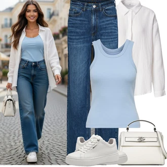 Outfit s Šedá/Krémová/Bílá/Stříbrný Teniska na platformě/Nízká Teniska/Kožené Tenisky/Úzká Teniska Tamaris "Jarní outfit"