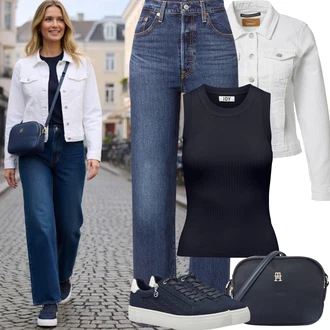 Outfit s Modrá/Tmavě modrá/Světle modrá Teniska s dírkovaným vzorem/Letní Tenisky/Teniska na platformě/Úzká Teniska/Tenisky s Bočním Zipem/Kožené Tenisky/Nízká Teniska Tamaris "Frühlings Outfit"