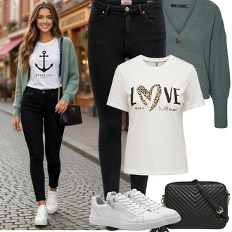 Elegantní, Ležérní Outfit s Černá/Tmavě modrá Džínové Legíny/Jeggings/Push up Kalhoty/Skinny Kalhoty Only "Jarní Outfit"Look: Styl, Cool, Elegantní, Francouzské, Old Money