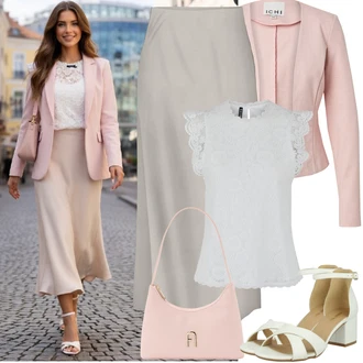Elegantní, Ležérní Outfit s Hnědá/Bílá/Krémová Sandál Na Podpatku/Sandál s podpatkem/Sandál Na Širokém Podpatku About You "Jarní Outfit"Look: Šik, Cool, Elegantní, Old Money