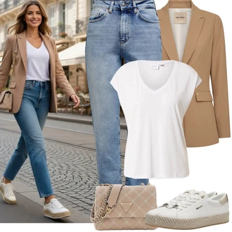 Outfit s Krémová/Bílá Tričko/Jednoduchý top/Tričko s vodopádovým výstřihem/Muskulární Tričko/Košilový top/Tričko s krátkým rukávem/Krátký top/Tričko s grafikou/Pánské boty/Zavinovací Tričko Vila "Jarní Outfit"