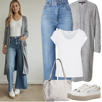 Outfit s Bílá/Krémová Tričko/Jednoduchý top/Mužské běžecké boty/Neformální tričko/Tričko s vodopádovým výstřihem/Krátký top/Pánské boty/Zavinovací Tričko Pieces "Jarní Outfit"