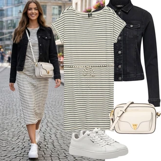 Outfit s Šedá/Krémová/Bílá/Stříbrný Teniska na platformě/Nízká Teniska/Kožené Tenisky/Úzká Teniska Tamaris "Jarní outfit"