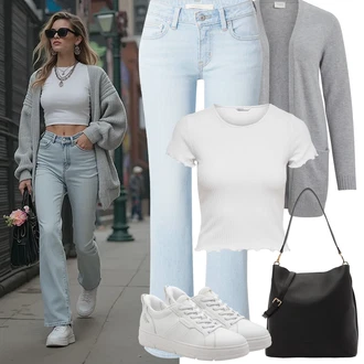 Outfit s Šedá/Krémová/Fialová/Stříbrný/Růžová/Bílá Jednoduchý top/Zkrácený Top/Krátký Top/Pletené tričko/Síťované tričko/Tričko s krátkým rukávem/Krátký top/Mužské běžecké boty Only "Jarní Outfit"