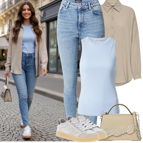 Kombinace Hnědá/Béžová/Khaki Oversize Muselínová Blůza/Manšestrová Halenka/Halenkové Body/Blůza s knoflíčkem/Oversize Halenka/Halenka s Dlouhým Rukávem Only kombinovat s Světle modrá/Modrá Kožená bunda/Push up Džín/Džíny s Dírou/Zimní bunda/Džíny s Rozparkem/High Waist Džínové Kalhoty Pieces