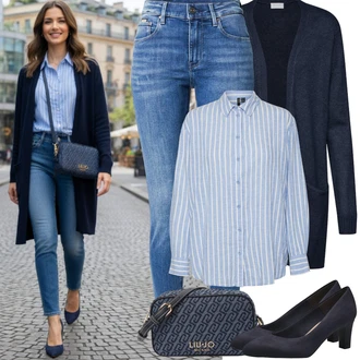 Elegantní, Ležérní Outfit s Tmavě modrá Pletenina veľkej veľkosti Vila, Tmavě modrá/Modrá Tamaris "Frühlings Outfit"Look: Příliš oblečený, Nadrozměrné, Pracovní oděvy, Ležérní, Kancelář, Elegantní, Business, Francouzské