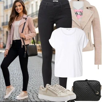 Outfit s Šedá/Bílá/Krémová Tričko/Jednoduchý top/Mužské běžecké boty/Neformální tričko/Tričko nadměrné velikosti/Košilový top/Tričko s krátkým rukávem/Krátký top Only "Jarní Outfit"