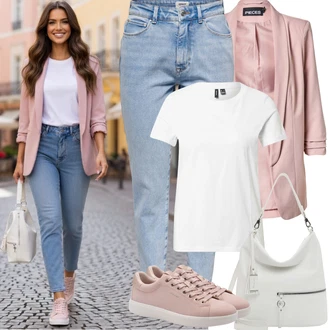 Outfit s Bílá/Krémová/Šedá Tričko/Mužské běžecké boty/Neformální tričko/Fancy tričko/Funkční tričko/Košile s potiskem/Tričko s krátkým rukávem/Sportovní tričko VERO MODA "Jarní Outfit"