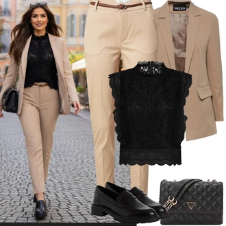 Elegantní Outfit s Béžová/Khaki Kalhoty se Štěrbinou/Úzká Kalhoty/Ležérní Kalhoty/Obleková Kalhoty/Twillová Kalhoty/Business Kalhoty/Kalhoty s Vysokým Pasem/Skinny Kalhoty B.young "Jarní Outfit"Look: Šik, Elegantní, Kancelář, Old Money, Venkovní, Chytrý příležitostný