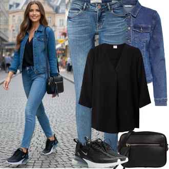 Elegantní, Ležérní Outfit s Modrá Kožená bunda/Kotníková Bota/Džíny s Rozparkem/Džíny s Nízkým Sedem/Džín s Nízkým Pasem/Push up Džín/Slim Fit Džíny/Navlékací džíny/Kožené Boty/Zimní bunda Guess, Černá/Hnědá/Bílá Pánská taška/Pásková taška/Plážová Taška/Taška/Klasická Taška Přes Rameno/Malá Taška/Brašna/Sportovní Taška Přes Rameno/Cestovní Taška About You "Frühlings Outfit"Look: Styl, Ležérní, Cool, Disko, Moderní, Krásný, Old Money, Rad, Klasické, Elegantní, Burleska