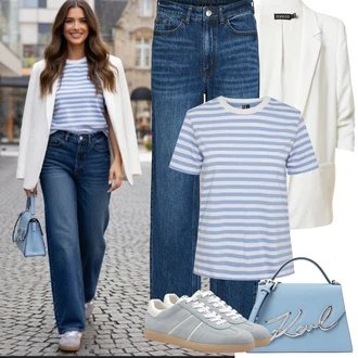 Čtvrtinový rukáv Outfit s Světle modrá/Modrá Pruhované Tričko Pieces "Jarní Outfit"