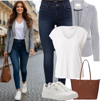 Elegantní, Ležérní Outfit s Šedá/Krémová/Bílá/Stříbrný Teniska na platformě/Nízká Teniska/Kožené tenisky/Úzká teniska Tamaris "Jarní Outfit"Look: Bad Taste, Ležérní, Šik, Moderní, Skater, Sportovní