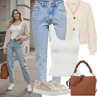 Outfit s Krémová/Béžová/Bílá/Khaki Vlněný kardigán/Svetr boucle/Svetr s podšívkou/Kašmírový kardigán/Bavlněný svetr/Krátký svetr/Zimní svetr/Vintage svetr Cream "Jarní Outfit"