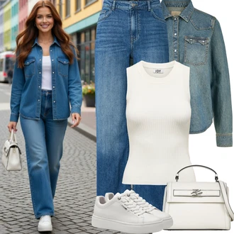 Outfit s Šedá/Krémová/Bílá/Stříbrný Teniska na platformě/Nízká Teniska/Kožené Tenisky/Úzká Teniska Tamaris "Jarní outfit"