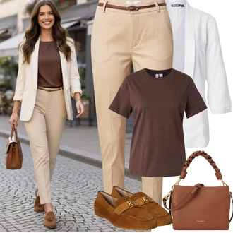 Elegantní Outfit s Béžová/Khaki Kalhoty se Štěrbinou/Úzká Kalhoty/Ležérní Kalhoty/Obleková Kalhoty/Twillová Kalhoty/Business Kalhoty/Kalhoty s Vysokým Pasem/Skinny Kalhoty B.young "Jarní Outfit"Look: Šik, Elegantní, Kancelář, Old Money, Venkovní, Chytrý příležitostný