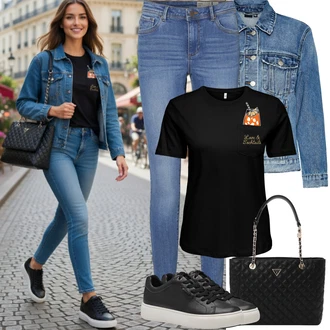 Elegantní, Ležérní Outfit s Modrá/Světle modrá Jeggings/Skinny Kalhoty/Džínové Legíny VERO MODA, Černá Kožené tenisky/Nízká Teniska/Teniska na platformě/Úzká teniska Tamaris "Jarní Outfit"Look: Styl, Ležérní, Cool, Disko, Moderní, Krásný, Old Money, Skromné, Bad Taste, Hip Hop, Lak, Skater, Chytrý příležitostný, Sportovní, Unisex