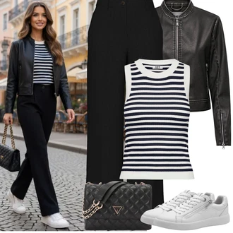 Outfit s Černá/Tmavě šedá Motorkářské Bund/Bunda s Bočním Zipem/Kožená Bomber Bund/Bunda z Umělé Kůže/Kožené Bund Only "Jarní Outfit"