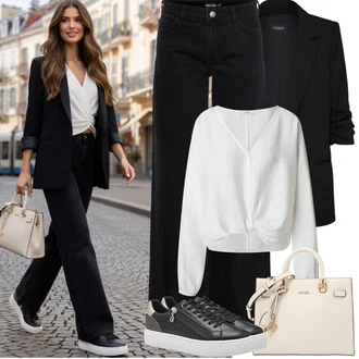 Outfit s Černá SOAKED IN LUXURY, Černá/Béžová Teniska se Třpytkami/Úzká teniska/Kožené tenisky/Teniska s dírkovaným vzorem/Nízká Teniska/Tenisky s Bočním Zipem/Teniska na platformě Tamaris "Jarní Outfit"