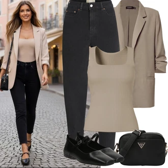 Elegantní, Ležérní Outfit s Černá/Hnědá Balerína s Páskem/Boty Mary Jane/Strečová baletka/Balerína Teniska/Balerína sling/Špičatá Balerína/Vintage balerína/Plochá bota Vagabond Shoemakers "Jarní Outfit"Look: Emo, Unisex, Gotický, Cool, Ležérní, 80tá léta