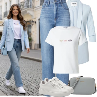 Elegantní, Ležérní Outfit s Šedá/Krémová/Bílá/Stříbrný Nízká Teniska/Teniska na platformě/Kožené tenisky/Úzká teniska Tamaris "Jarní Outfit"Look: Bad Taste, Ležérní, Šik, Moderní, Skater, Sportovní