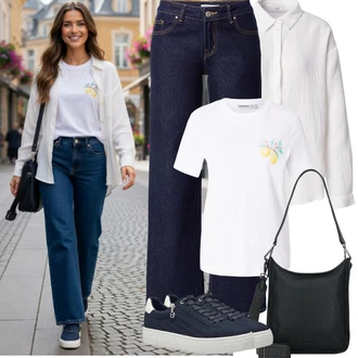 Elegantní, Ležérní Outfit s Modrá/Tmavě modrá/Světle modrá Nízká Teniska/Teniska s dírkovaným vzorem/Letní tenisky/Teniska na platformě/Úzká teniska/Tenisky s Bočním Zipem/Kožené tenisky Tamaris "Jarní Outfit"Look: Bad Taste, Ležérní, Cool, Skater, Chytrý příležitostný, Sportovní, Unisex