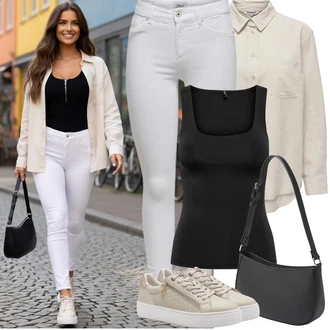 Elegantní, Ležérní Outfit s Bílá/Khaki Halenka s Dlouhým Rukávem/Oversize Halenka/Oversize Muselínová Blůza/Blůza s knoflíčkem/Manšestrová Halenka/Lněná Halenka Only, Černá/Tmavě šedá/Bílá/Šedá Bagetová taška/Taška/Klasická Taška Přes Rameno/Dopisová peněženka/Malá Taška/Brašna/Sportovní Taška Přes Rameno About You "Jarní Outfit"Look: Klasické, Lehký, Styl, Ležérní, Nadrozměrné, Chytrý příležitostný, Unisex, Univerzitní, Pracovní oděvy, Retro, Cool, Elegantní, Kancelář, Punk, Skromné